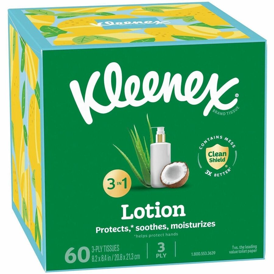Kleenex Soothing Lotion Tissues - 3 Ply - White - Moisturizing, Soft - For Face, Home, Office, Business, Skin - 60 Per Box - 27 / Carton