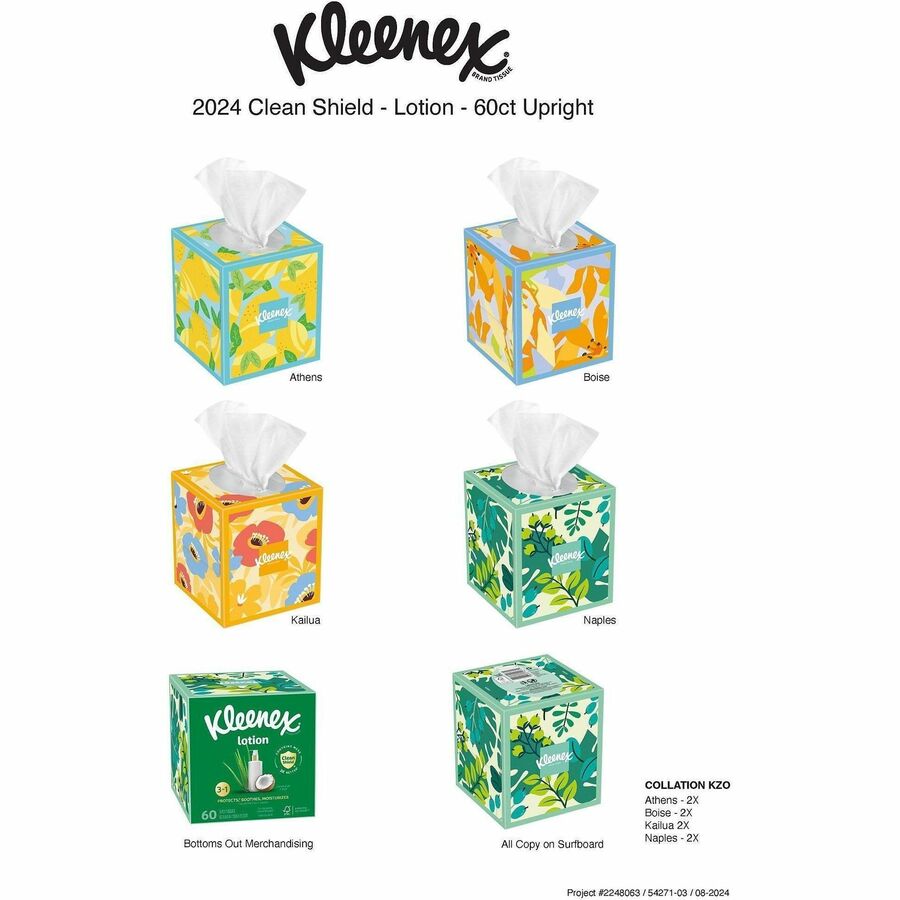Kleenex Soothing Lotion Tissues - 3 Ply - White - Moisturizing, Soft - For Face, Home, Office, Business, Skin - 60 Per Box - 27 / Carton