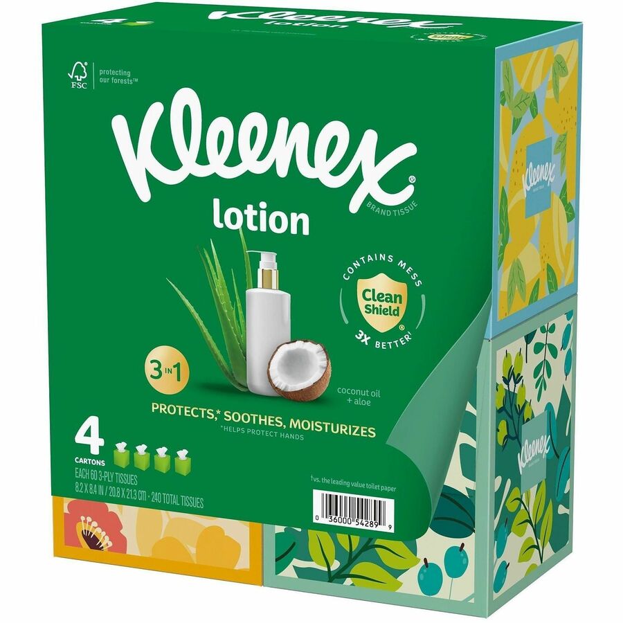 Kleenex Soothing Lotion Tissues - 3 Ply - White - Moisturizing, Soft, Strong - For Face, Home, Office, Business, Skin - 60 Per Box - 8 / Carton
