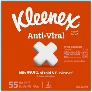 Kleenex Anti-viral Facial Tissue - 3 Ply - White - Anti-viral, Soft - For Face, Business, Commercial - 55 Per Box - 27 / Carton