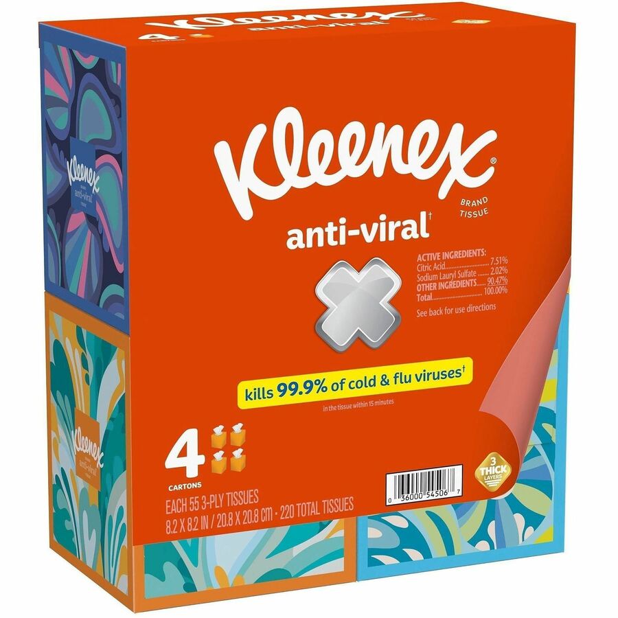 Kleenex Anti-viral Facial Tissue - 3 Ply - White - Anti-viral, Soft - For Face, Business, Commercial - 55 Per Box - 12 / Carton