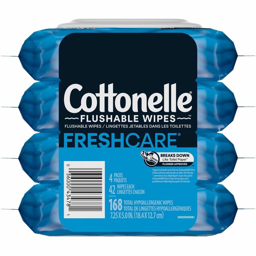Cottonelle Flushable Wipes - 7.25" - White - Fiber - Flushable, Anti-bacterial, Sewer-safe, Septic Safe, Biodegradable, Alcohol-free - For Toilet, Bathroom - 4 Per Carton - 1 Each