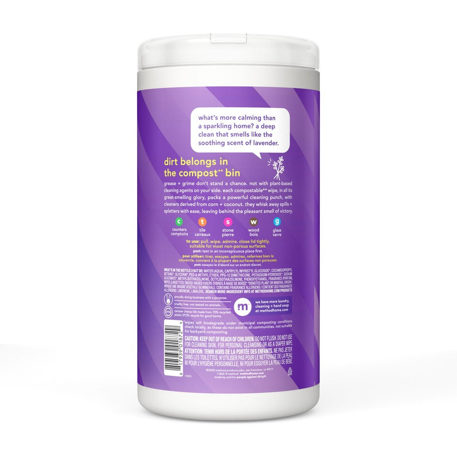 Method All-purpose Cleaning Wipes - French Lavender Scent - 70 / Tub - 1 Each - Pleasant Scent - Purple