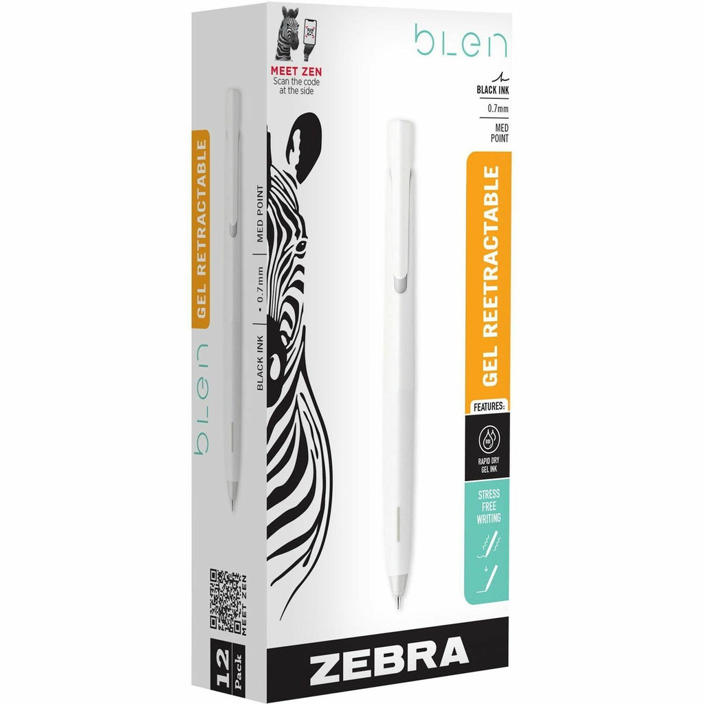 bLen Gel Pen, Retractable, Fine 0.7 mm, Black Ink, White Barrel, Dozen