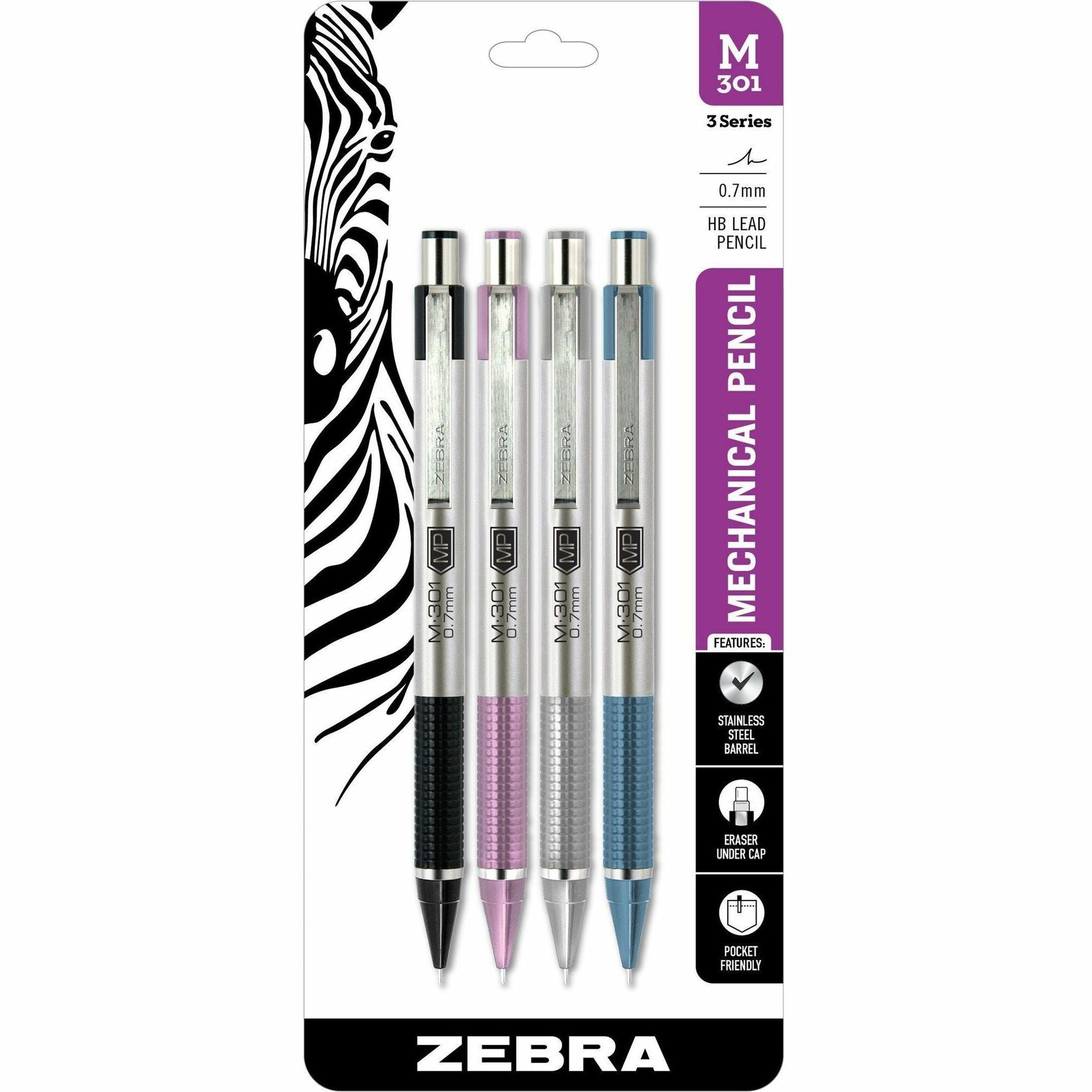Zebra Pen STEEL 3 Mechanic Pencil - HB Lead - 0.7 mm Lead Diameter - Medium Point - Refillable - Black Stainless Steel, Pink, Silver, Blue Barrel - 4 / Pack