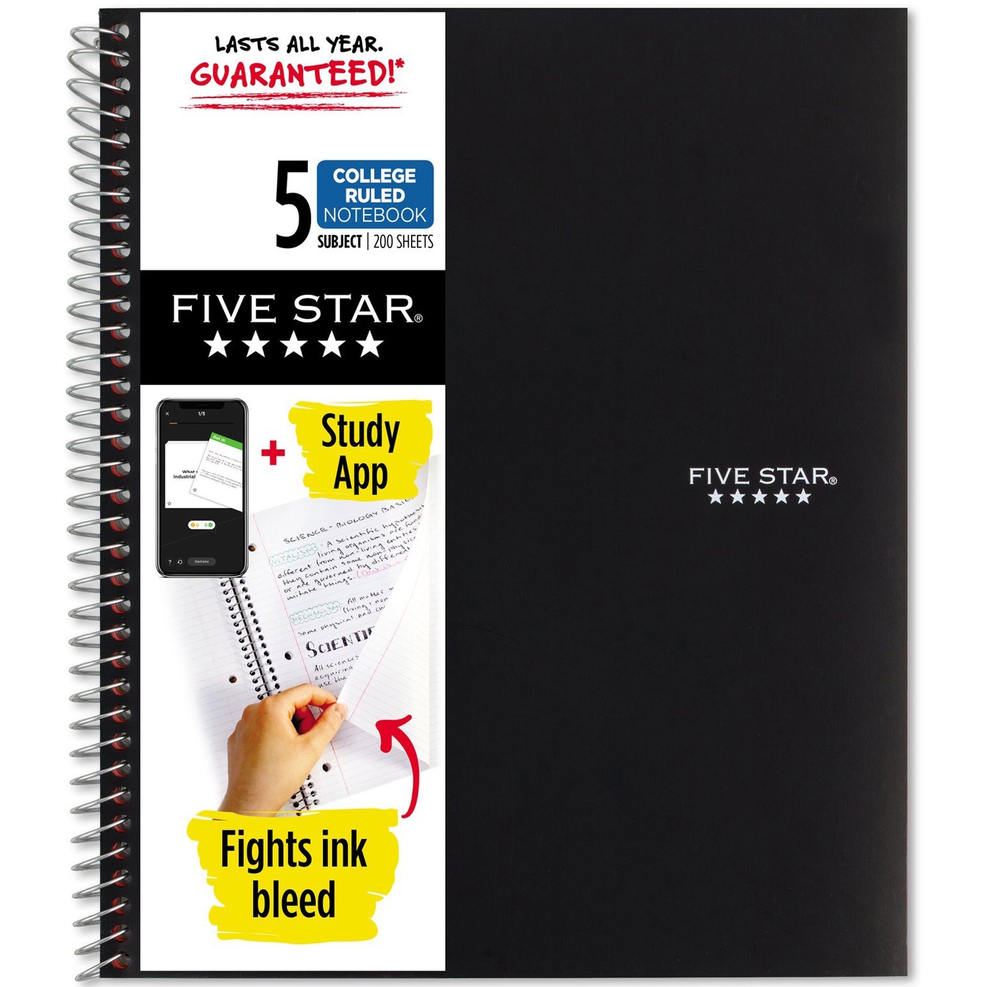 five-star-notebook-5-subjects-200-sheets-wire-bound-college-ruled-3-holes-letter-8-1-2-x-11-black-cover-bleed-resistant-pocket-perforated-water-resistant-spiral-lock-acid-free-pocket-divider-1-each_mea72081 - 1