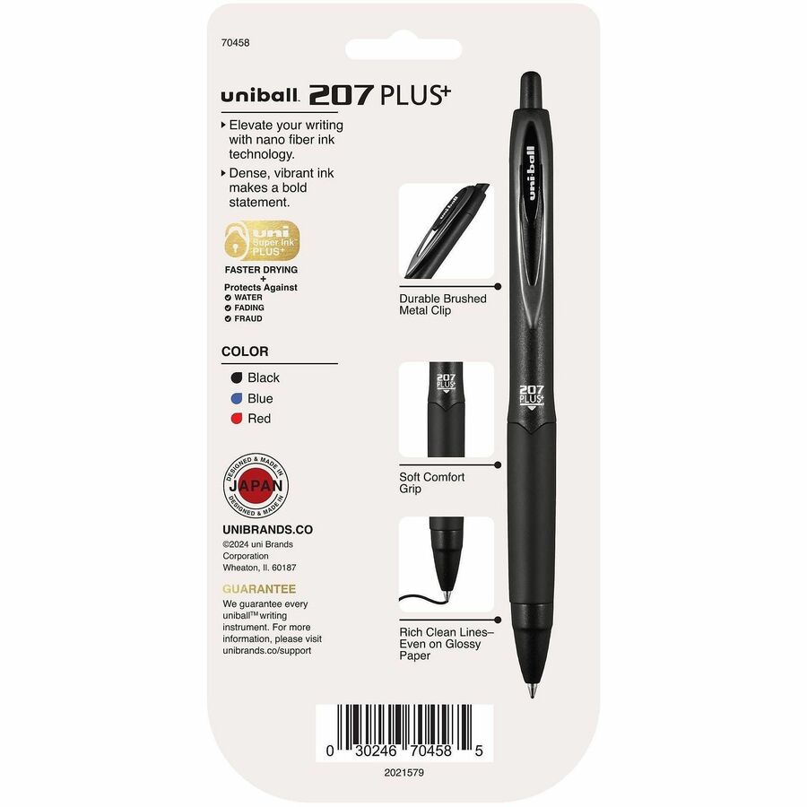 uniball 207 Plus+ Gel Pen - Medium Pen Point - 0.7 mm Pen Point Size - Retractable - Assorted Gel-based, Nanofiber Ink Ink - Black Metal Barrel - 4 / Pack