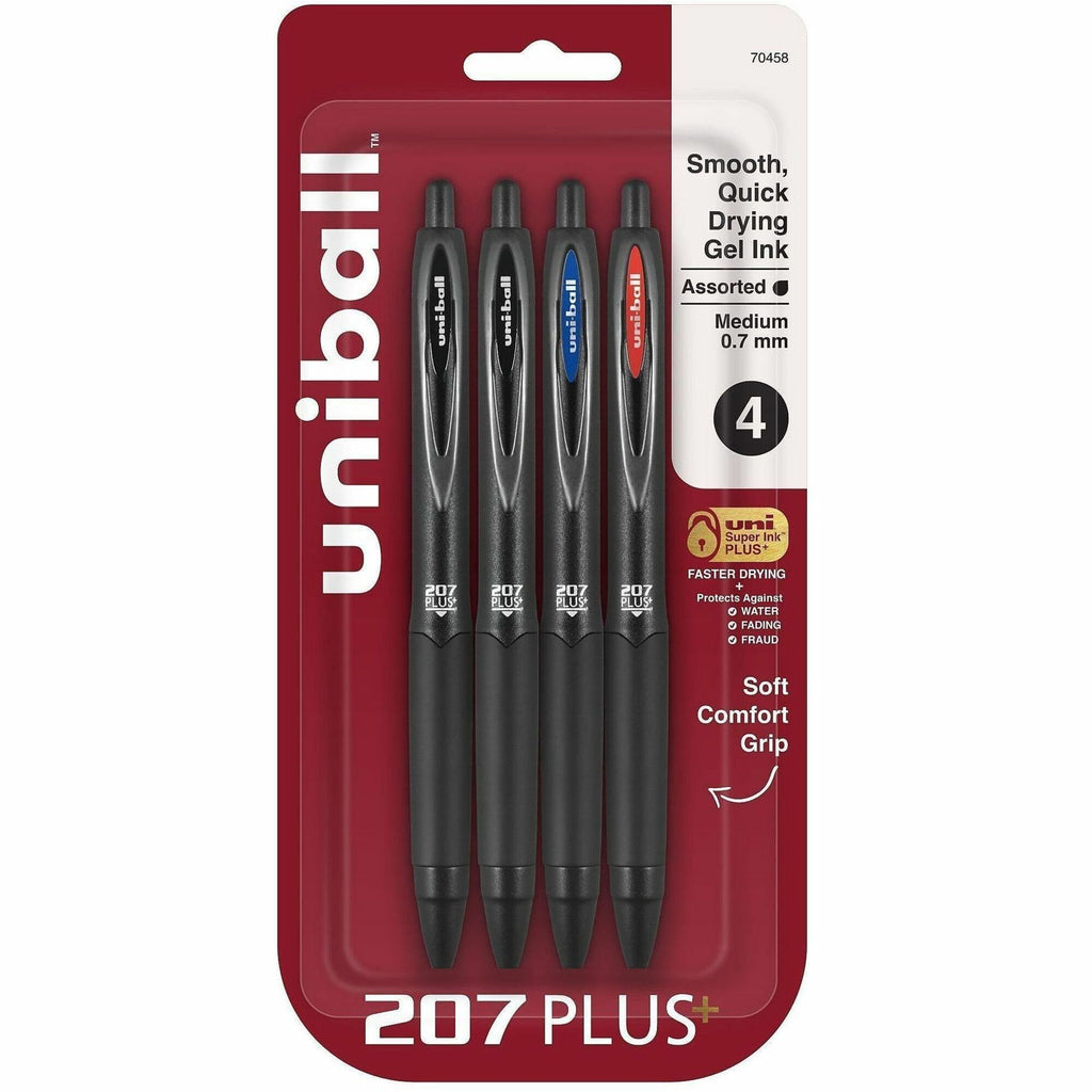 uniball 207 Plus+ Gel Pen - Medium Pen Point - 0.7 mm Pen Point Size - Retractable - Assorted Gel-based, Nanofiber Ink Ink - Black Metal Barrel - 4 / Pack