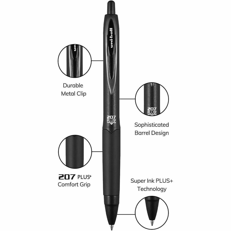 uniball 207 Plus+ Gel Pen - Medium Pen Point - 0.7 mm Pen Point Size - Retractable - Assorted Gel-based, Nanofiber Ink Ink - Black Metal Barrel - 4 / Pack