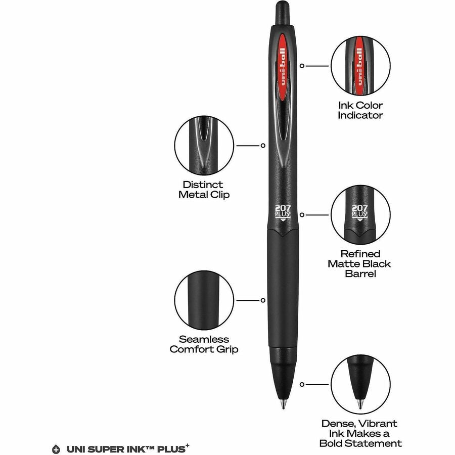 uniball 207 Plus+ Gel Pen - Medium Pen Point - 0.7 mm Pen Point Size - Retractable - Red Gel-based, Nanofiber Ink Ink - Black Metal Barrel - 1 / Dozen