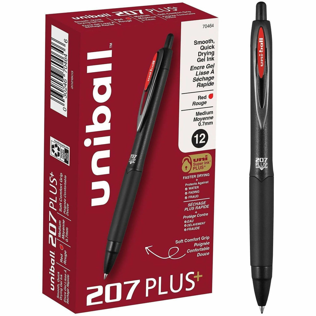 uniball 207 Plus+ Gel Pen - Medium Pen Point - 0.7 mm Pen Point Size - Retractable - Red Gel-based, Nanofiber Ink Ink - Black Metal Barrel - 1 / Dozen