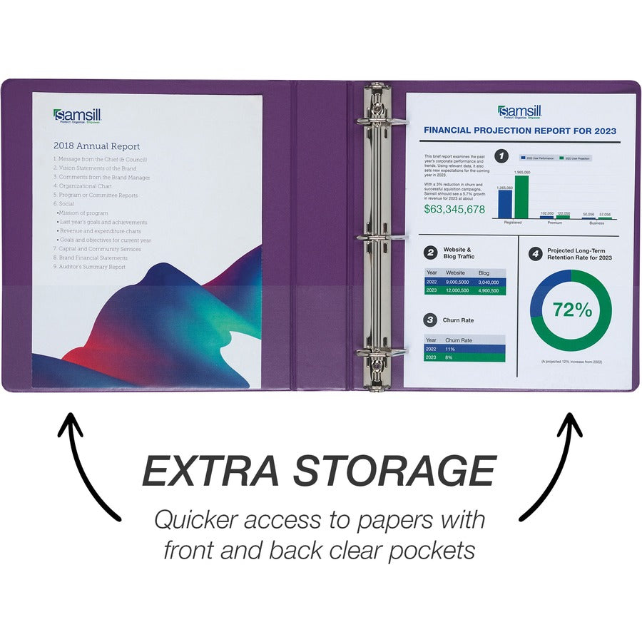 Samsill Durable View Binders - 1 1/2" Binder Capacity - 350 Sheet Capacity - D-Ring Fastener(s) - Chipboard, Polypropylene - Assorted - Recycled - Clear Overlay, Durable, Non-glare, PVC-free, Non-stick, Ink-transfer Resistant - 4 / Pack