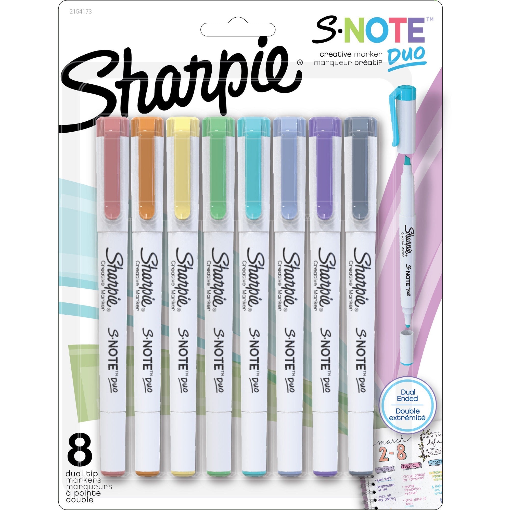S-Note Creative Markers, Assorted Ink Colors, Bullet/Chisel Tip, White Barrel, 8/Pack
