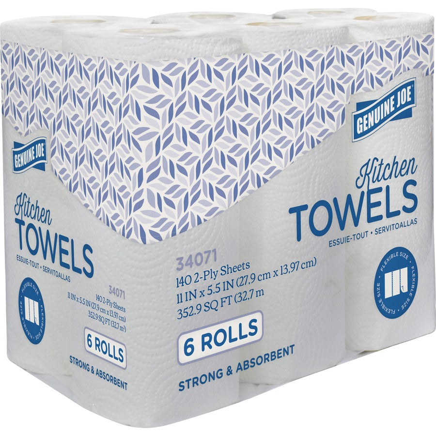 genuine-joe-kitchen-paper-towels-2-ply-140-sheets-roll-white-perforated-soft-absorbent-for-kitchen-breakroom-hand-6-rolls-per-container-4-carton_gjo34071 - 2