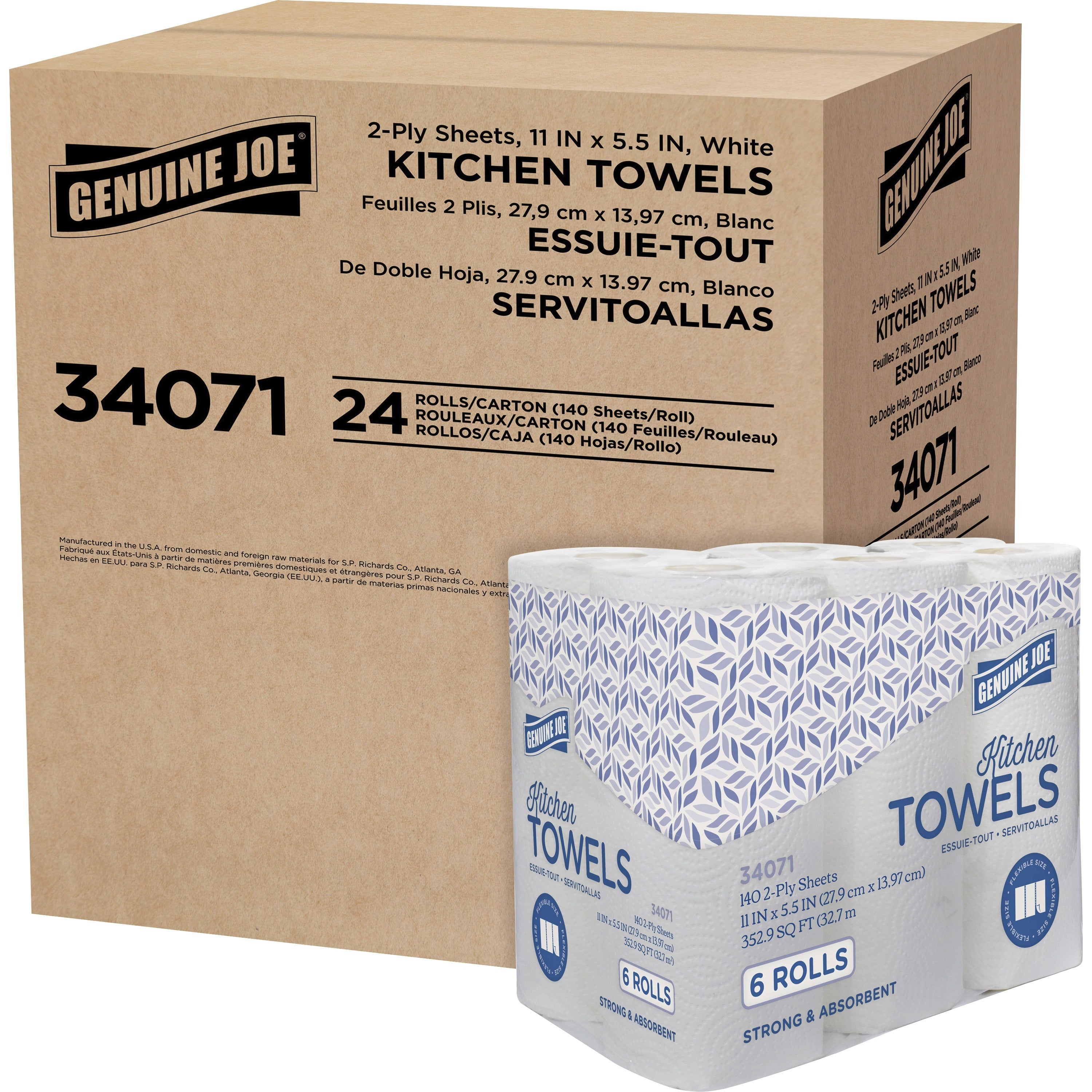 genuine-joe-kitchen-paper-towels-2-ply-140-sheets-roll-white-perforated-soft-absorbent-for-kitchen-breakroom-hand-6-rolls-per-container-4-carton_gjo34071 - 1