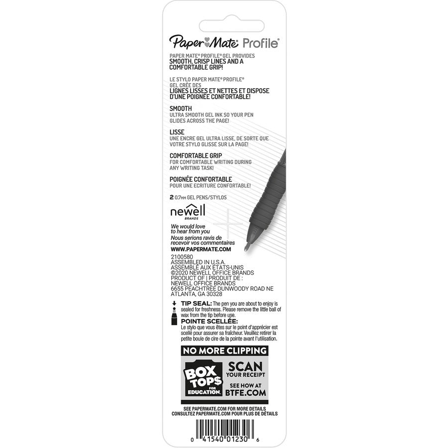 Paper Mate Profile Retractable Gel Pens - Medium Pen Point - 0.7 mm Pen Point Size - Retractable - Black Gel-based Ink - 2 / Pack