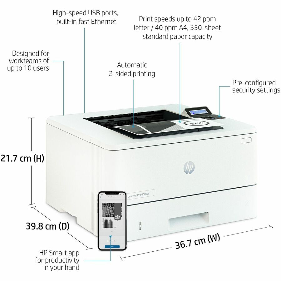 HP LaserJet Pro 4001 4001dn Desktop Laser Printer - Monochrome - 63 ppm Mono - 4800 x 600 dpi Print - Automatic Duplex Print - 350 Sheets Input - Ethernet - HP Smart App, Apple AirPrint, Mopria - 80000 Pages Duty Cycle - Plain Paper Print - Gigabit E