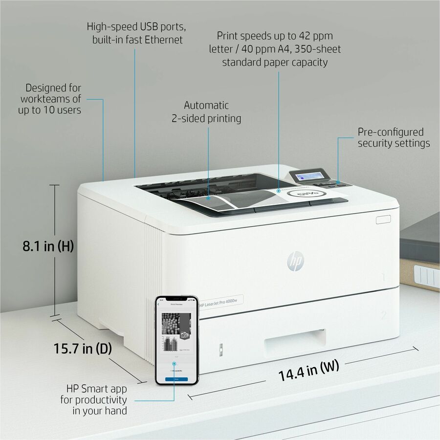 HP LaserJet Pro 4001 4001dn Desktop Laser Printer - Monochrome - 63 ppm Mono - 4800 x 600 dpi Print - Automatic Duplex Print - 350 Sheets Input - Ethernet - HP Smart App, Apple AirPrint, Mopria - 80000 Pages Duty Cycle - Plain Paper Print - Gigabit E