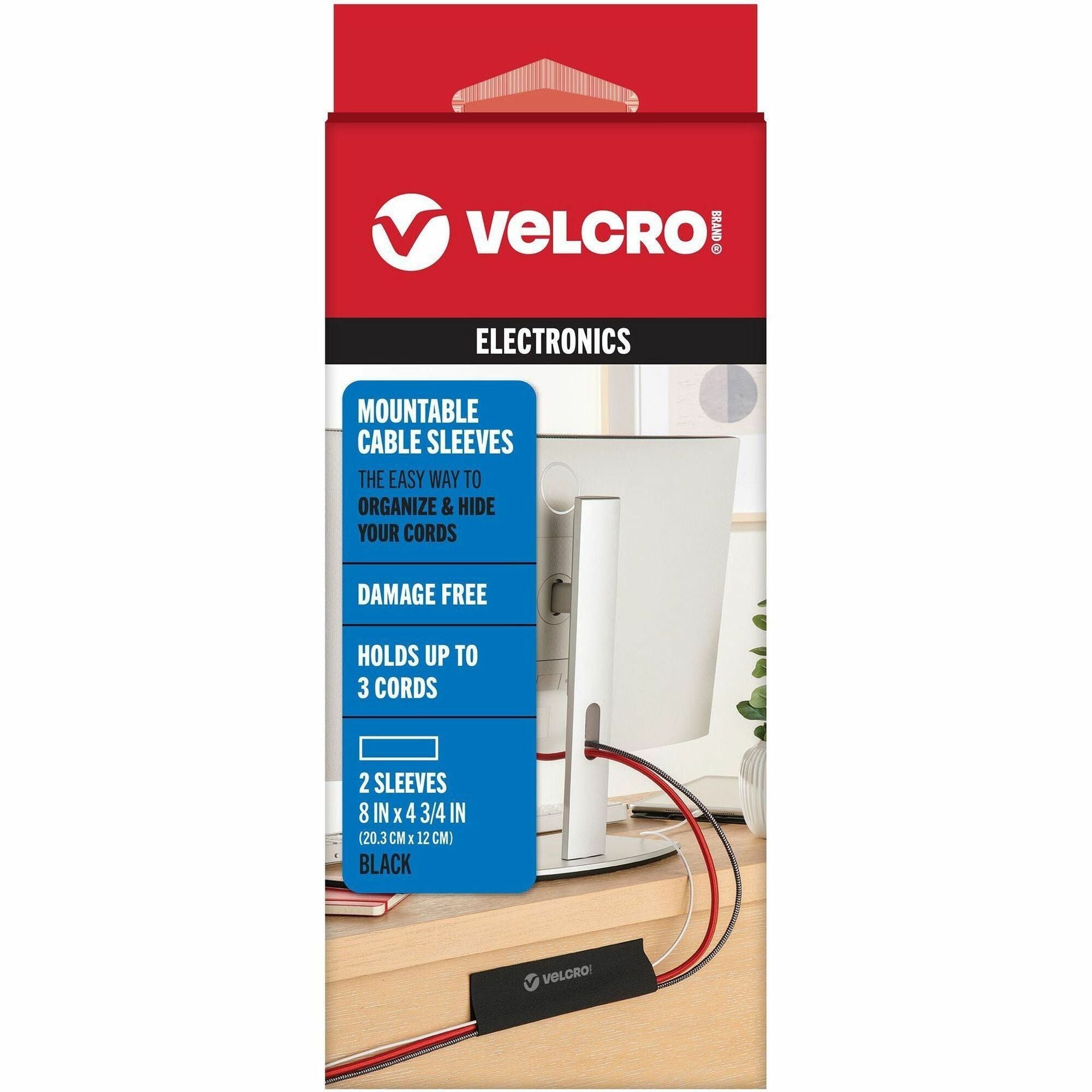 Mountable Cable Sleeves, 4.75" X 8", Black, 2/Pack
