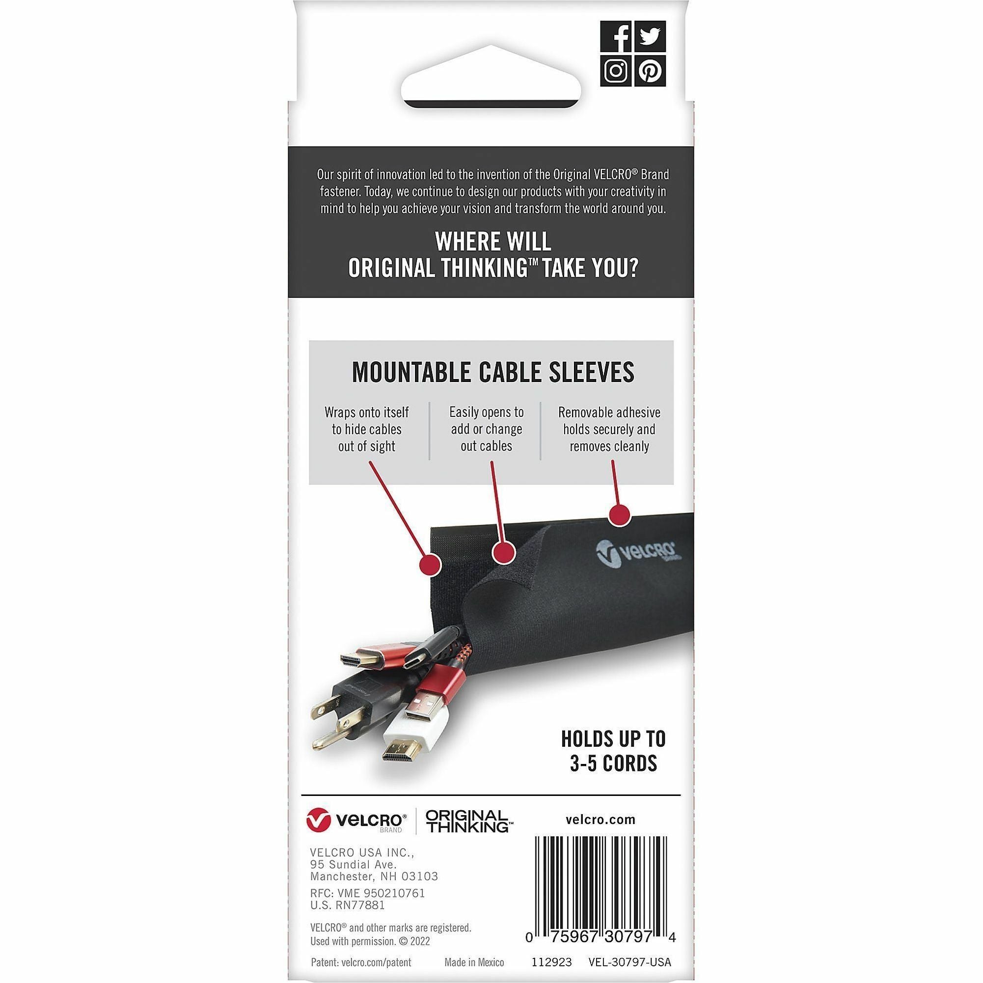 Mountable Cable Sleeves, 5.75" X 12", Black, 2/Pack - 2