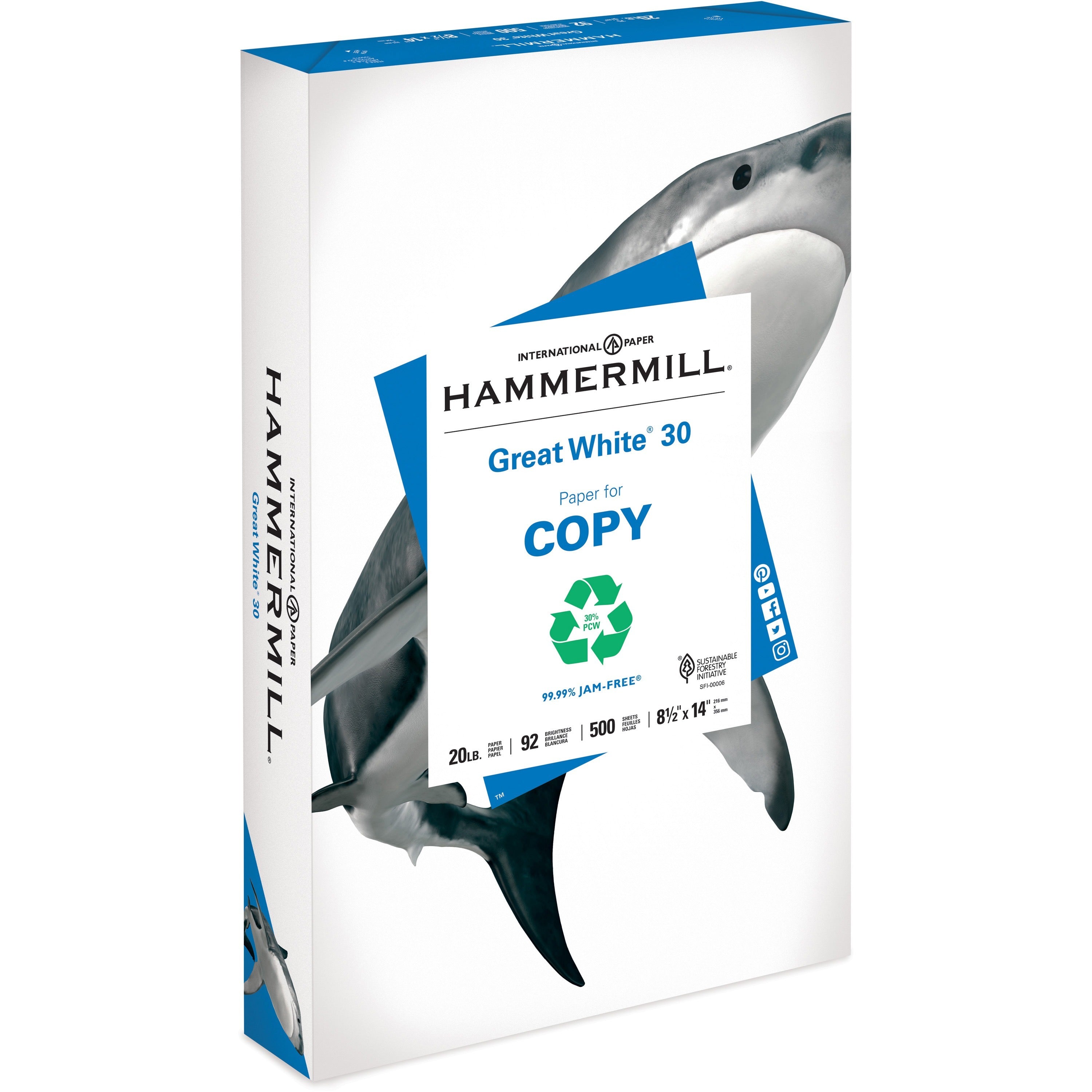 Hammermill Great White Recycled Copy Paper - White - 92 Brightness - Legal - 8 1/2" x 14" - 20 lb Basis Weight - 30 / Pallet - Acid-free, Moisture Resistant, Archival-safe, Jam-free - White