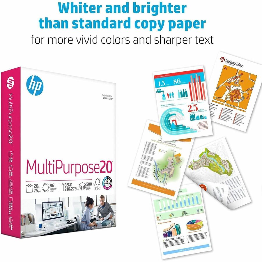 HP Papers Multipurpose20 Copy Paper - White - 96 Brightness - Letter - 8 1/2" x 11" - 20 lb Basis Weight - Smooth - 40 / Pallet - Quick Drying, Smear Resistant - White