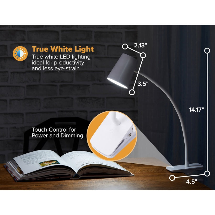 Bostitch Adjustable LED Clamp Light - 5.20 W LED Bulb - Adjustable, Flexible Neck, Adjustable Head - Silicone - Desk Mountable, Wall Mountable - White - for Desk, Cubicle, Home, Office, Classroom, Communal Area