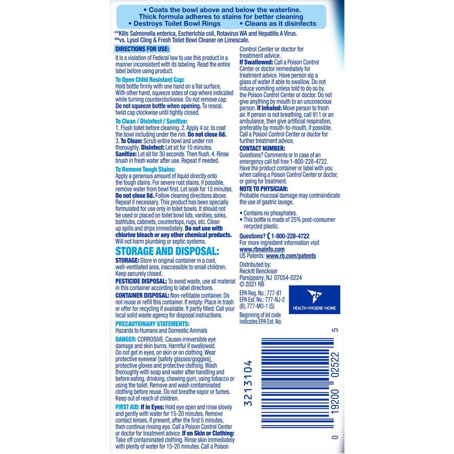 Lysol Toilet Bowl Cleaner - 24 fl oz (0.8 quart) - Atlantic Fresh ScentBottle - 9 / Carton - Disinfectant - Blue