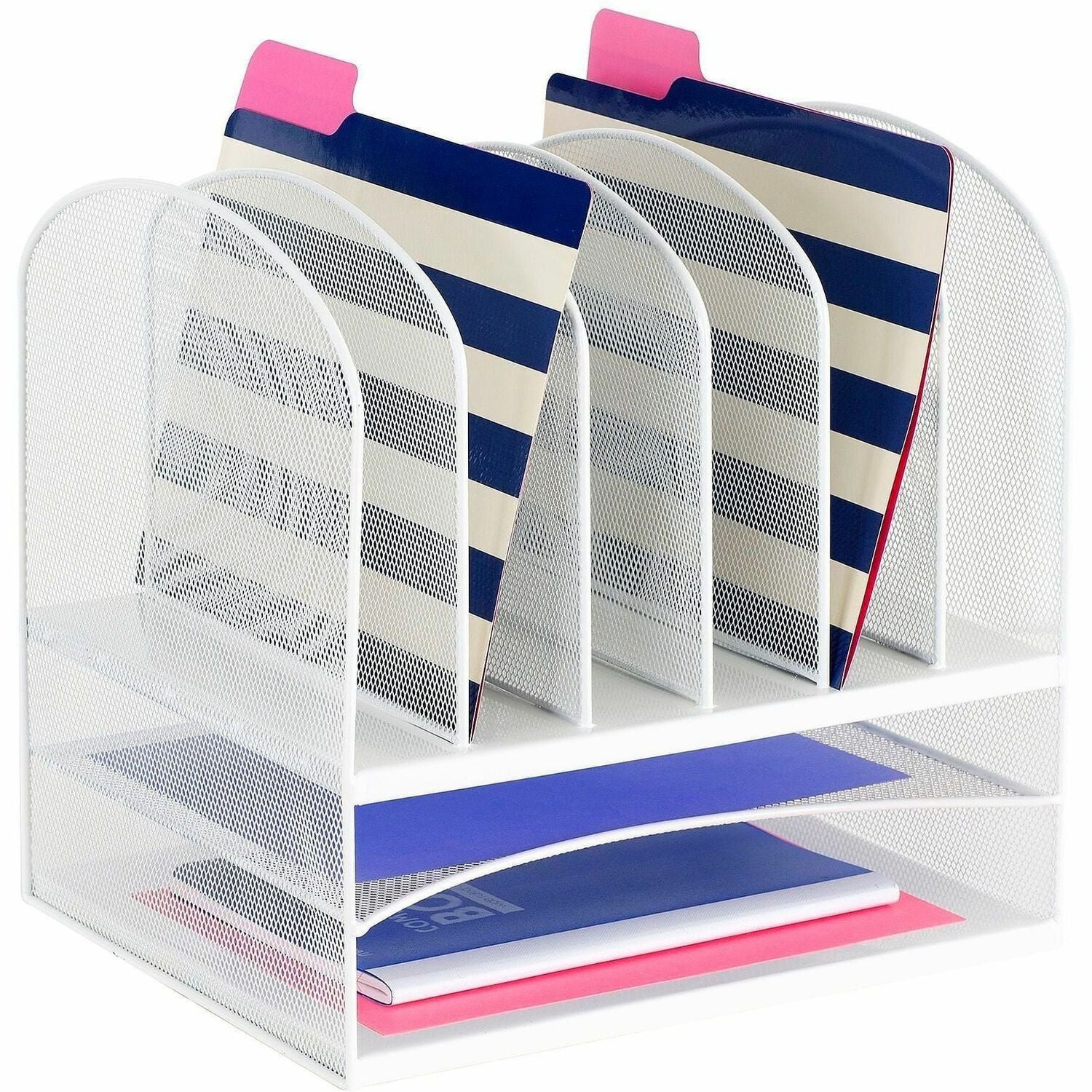 Onyx Mesh Desk Organizer with Two Horizontal and Six Upright Sections, Letter Size Files, 13.25" x 11.5" x 13", White