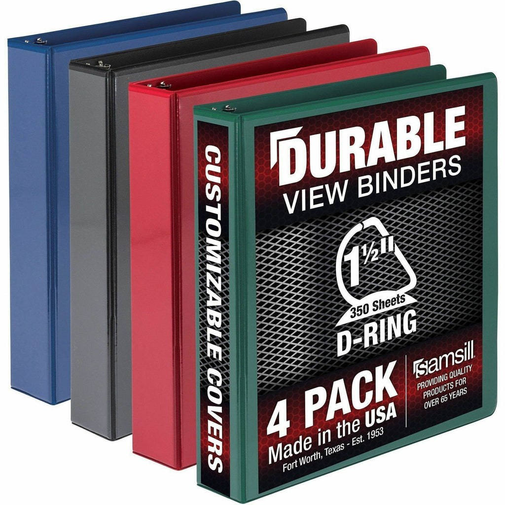 Samsill Durable View Binders - 1 1/2" Binder Capacity - Letter - 8 1/2" x 11" Sheet Size - 350 Sheet Capacity - D-Ring Fastener(s) - 2 Internal Pocket(s) - Chipboard, Polypropylene - Assorted - Recycled - Clear Overlay, Durable, Non-glare, PVC-free,