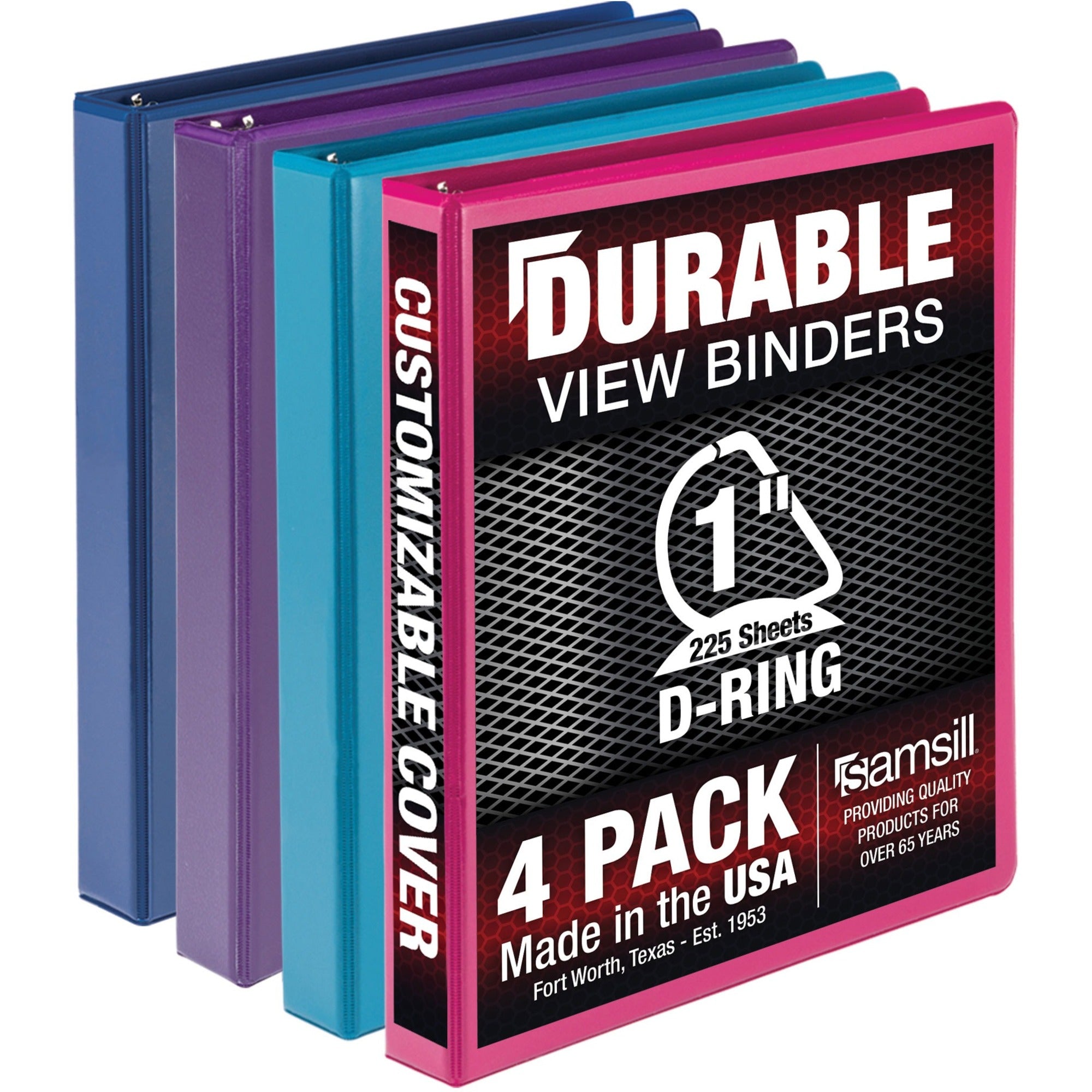 Durable D-Ring View Binders, 3 Rings, 1" Capacity, 11 x 8.5, Blueberry/Blue Coconut/Dragonfruit/Purple, 4/Pack