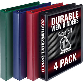Durable D-Ring View Binders, 3 Rings, 1" Capacity, 11 x 8.5, Black/Blue/Green/Red, 4/Pack