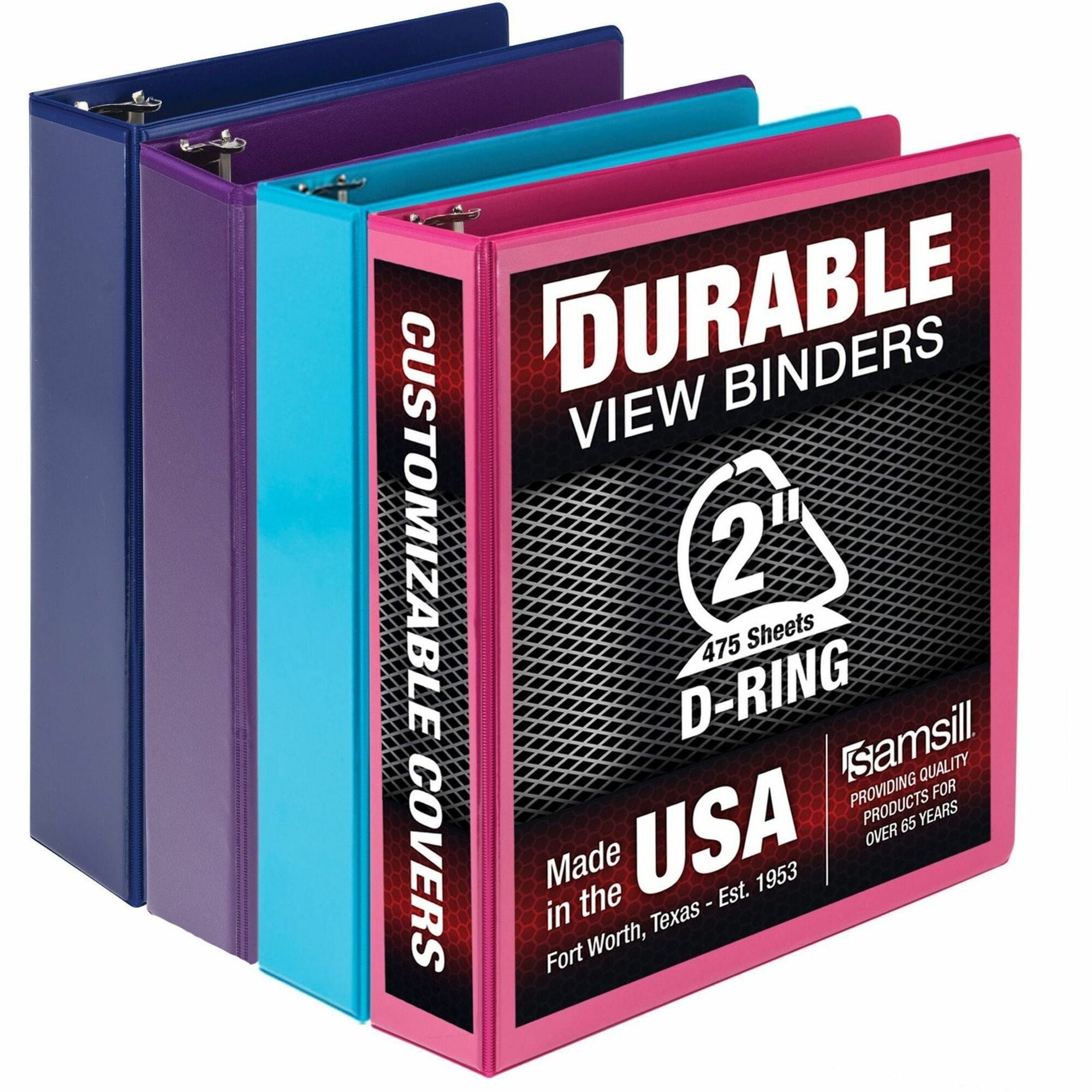 Durable D-Ring View Binders, 3 Rings, 2" Capacity, 11 x 8.5, Blueberry/Blue Coconut/Dragonfruit/Purple, 4/Pack
