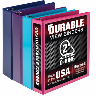 Durable D-Ring View Binders, 3 Rings, 2" Capacity, 11 x 8.5, Blueberry/Blue Coconut/Dragonfruit/Purple, 4/Pack