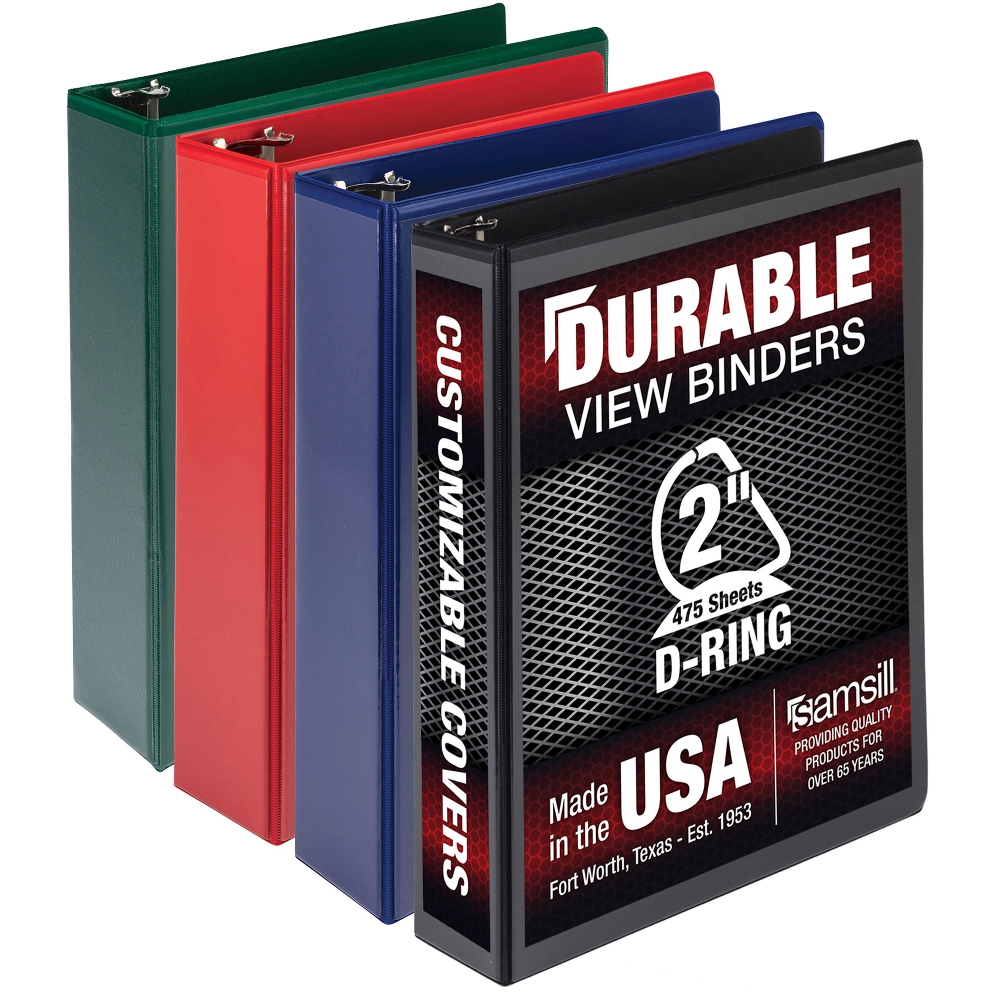 Durable D-Ring View Binders, 3 Rings, 2" Capacity, 11 x 8.5, Black/Blue/Green/Red, 4/Pack