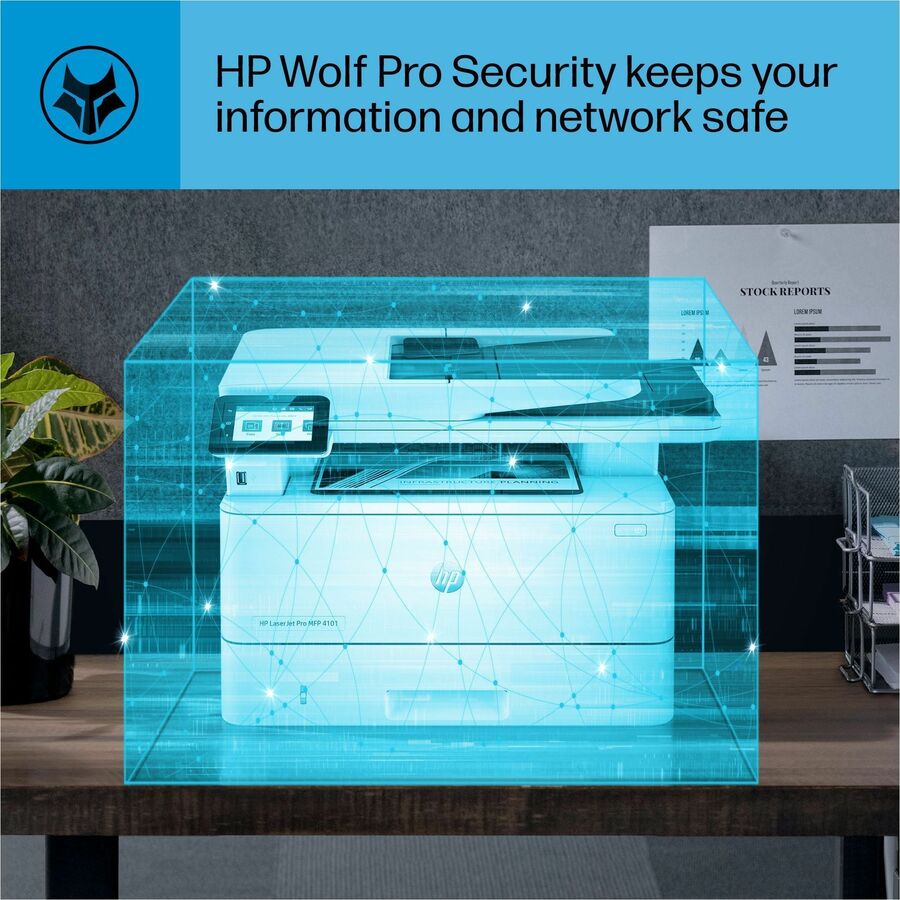 HP LaserJet Pro 4101fdw Wireless Laser Multifunction Printer - Monochrome - White - Copier/Fax/Printer/Scanner - 4800 x 600 dpi Print - Automatic Duplex Print - Up to 80000 Pages Monthly - Color Flatbed Scanner - 1200 dpi Optical Scan - Monochrome Fa