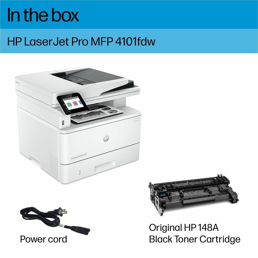 HP LaserJet Pro 4101fdw Wireless Laser Multifunction Printer - Monochrome - White - Copier/Fax/Printer/Scanner - 4800 x 600 dpi Print - Automatic Duplex Print - Up to 80000 Pages Monthly - Color Flatbed Scanner - 1200 dpi Optical Scan - Monochrome Fa