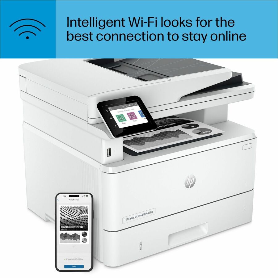 HP LaserJet Pro 4101fdw Wireless Laser Multifunction Printer - Monochrome - White - Copier/Fax/Printer/Scanner - 4800 x 600 dpi Print - Automatic Duplex Print - Up to 80000 Pages Monthly - Color Flatbed Scanner - 1200 dpi Optical Scan - Monochrome Fa