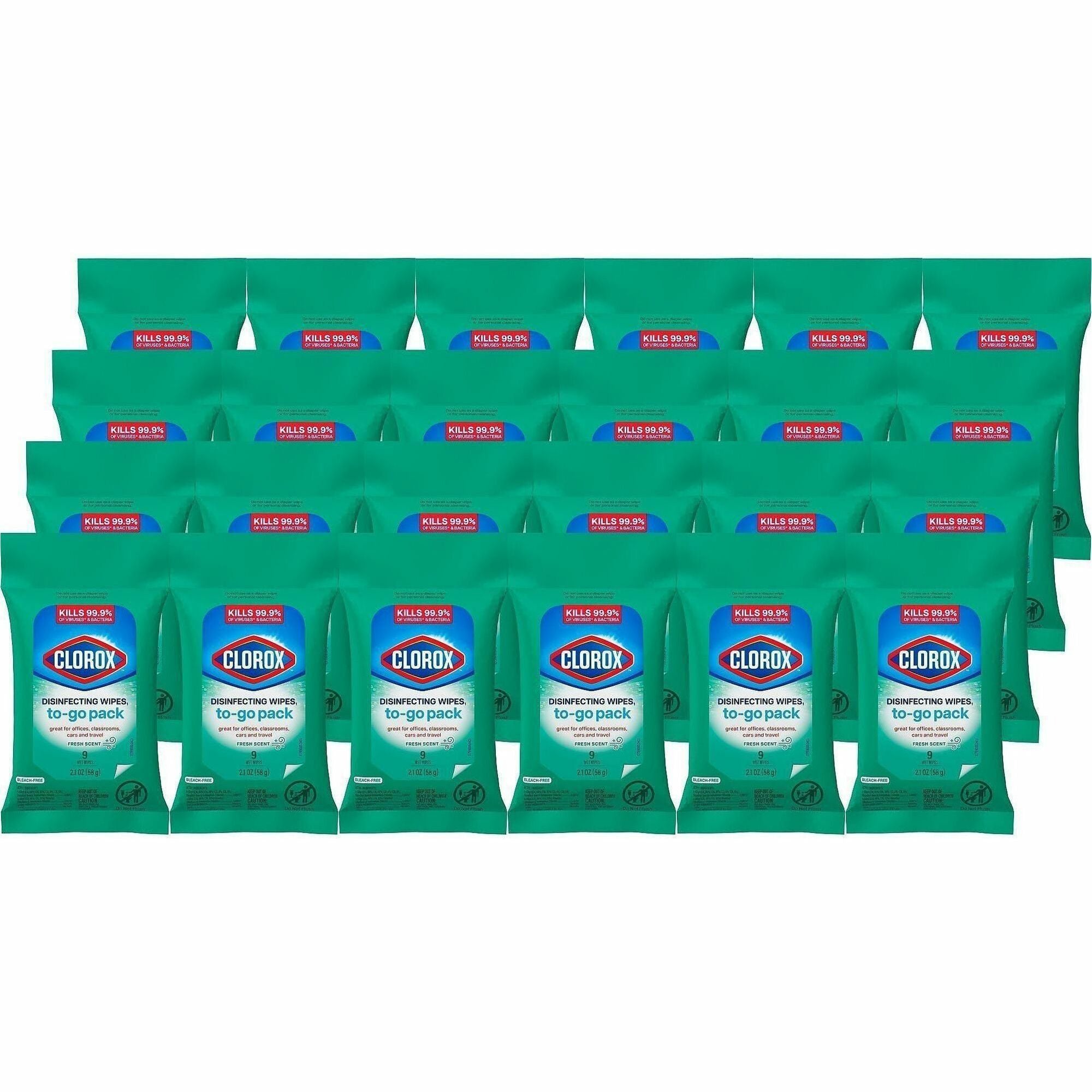 Clorox On The Go Bleach-Free Disinfecting Wipes - Ready-To-Use Wipe - Fresh Scent - 9 / Pack - 24 / Carton - White