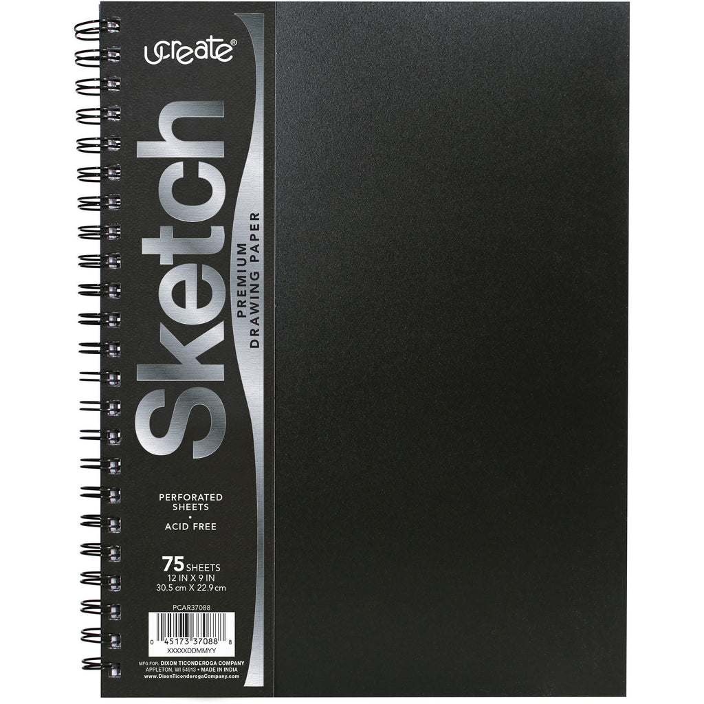 UCreate Poly Cover Sketch Book, 43 lb Cover Paper Stock, Black Cover, 75 Sheets per Book, 12 x 9 Sheets