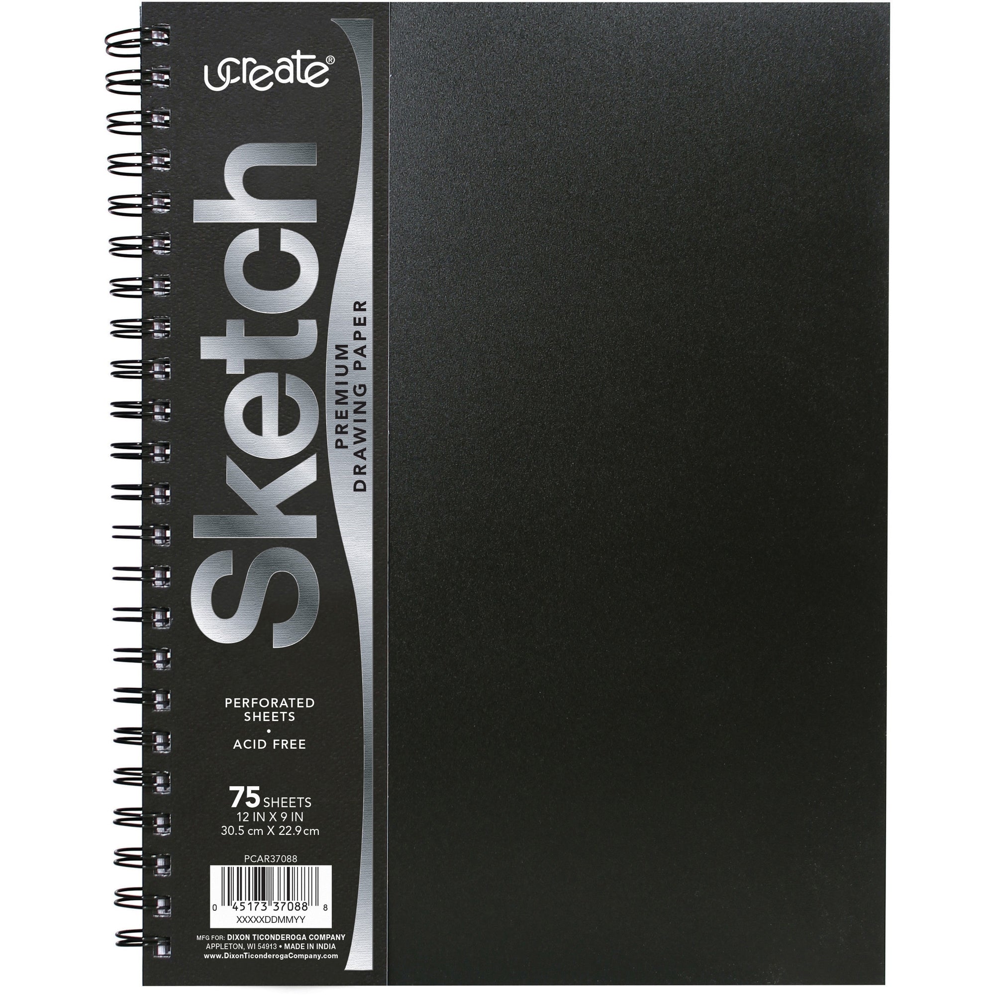 UCreate Poly Cover Sketch Book, 43 lb Cover Paper Stock, Black Cover, 75 Sheets per Book, 12 x 9 Sheets