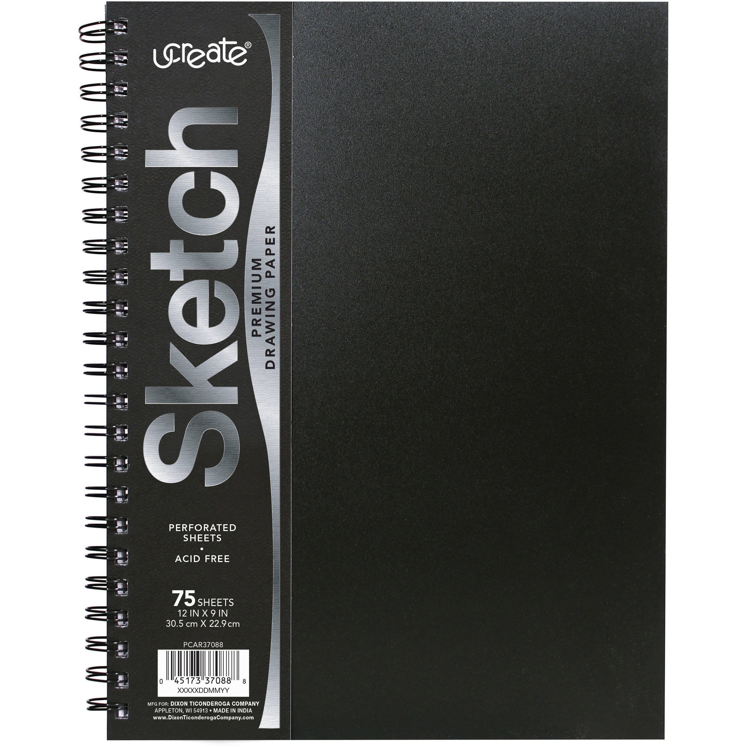 UCreate Poly Cover Sketch Book, 43 lb Cover Paper Stock, Black Cover, 75 Sheets per Book, 12 x 9 Sheets