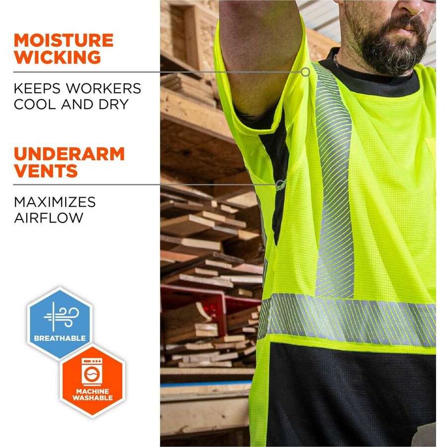 GloWear 8283BK Class 2 Lightweight Performance Hi-Vis T-Shirt, Polyester, 3X-Large, Lime, Ships in 1-3 Business Days
