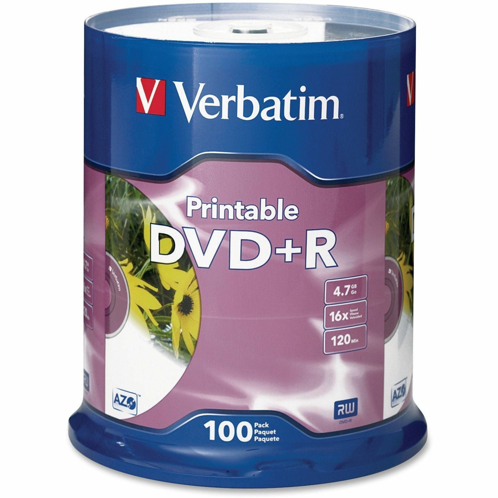 Verbatim DVD+R 4.7GB 16X White Inkjet Printable - 100pk Spindle - 120mm - Printable - 