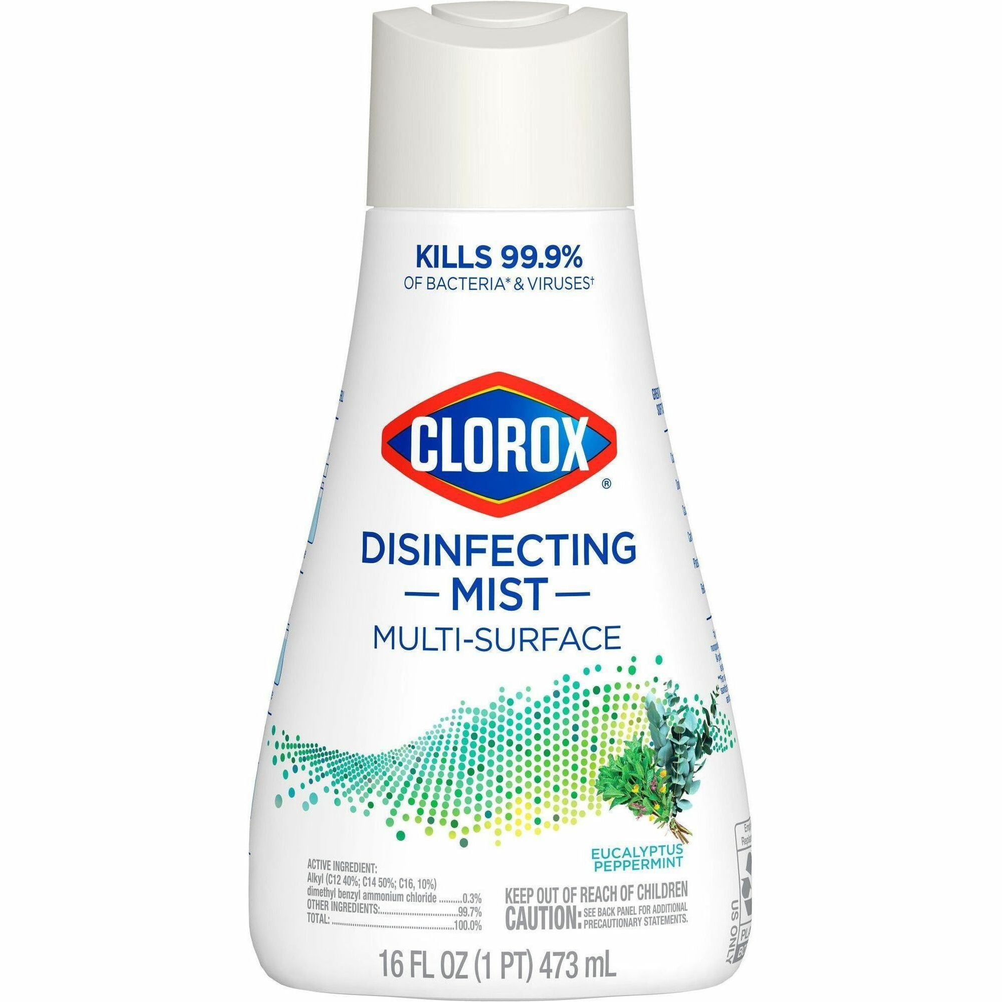 Clorox Disinfecting, Sanitizing, and Antibacterial Mist - 16 fl oz (0.5 quart) - Eucalyptus Peppermint Scent - 1 Each - Non-aerosol, Bleach-free - White - 1