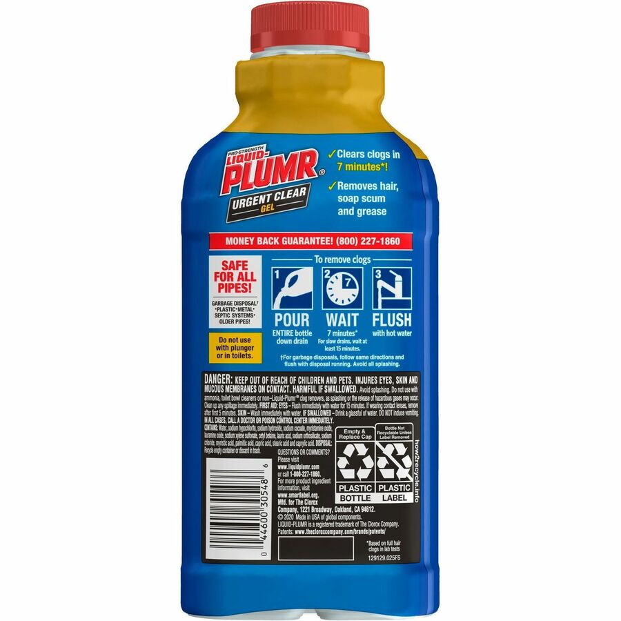 Liquid-Plumr Urgent Clear Pro-Strength Clog Remover - Gel - 17 fl oz (0.5 quart) - Bottle - 1 Each - Blue
