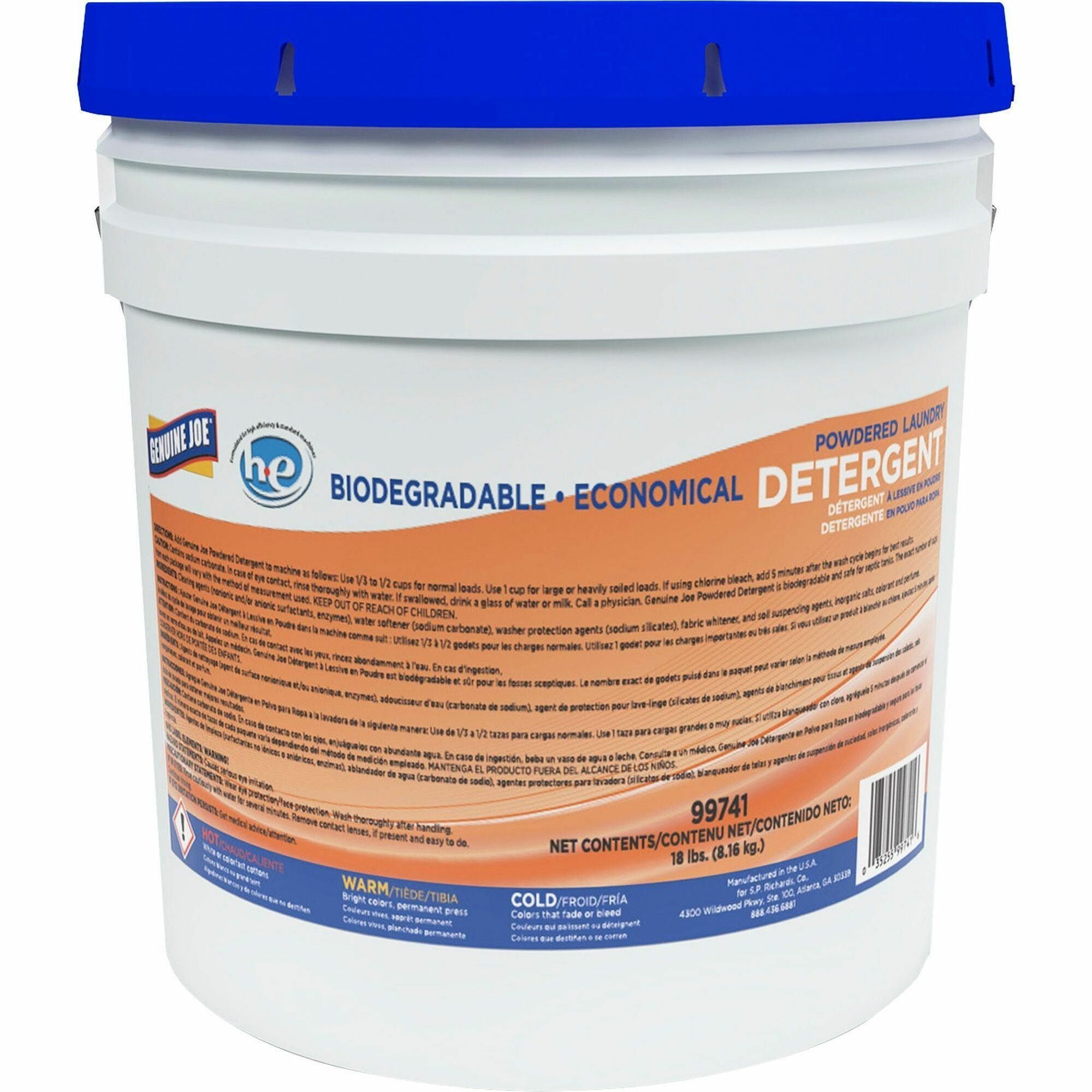 Genuine Joe Economical Powdered Laundry Detergent - 288 oz (18 lb) - 1 Each - Non-toxic, Deodorize, Residue-free, Dye-free, Environmentally Friendly - White