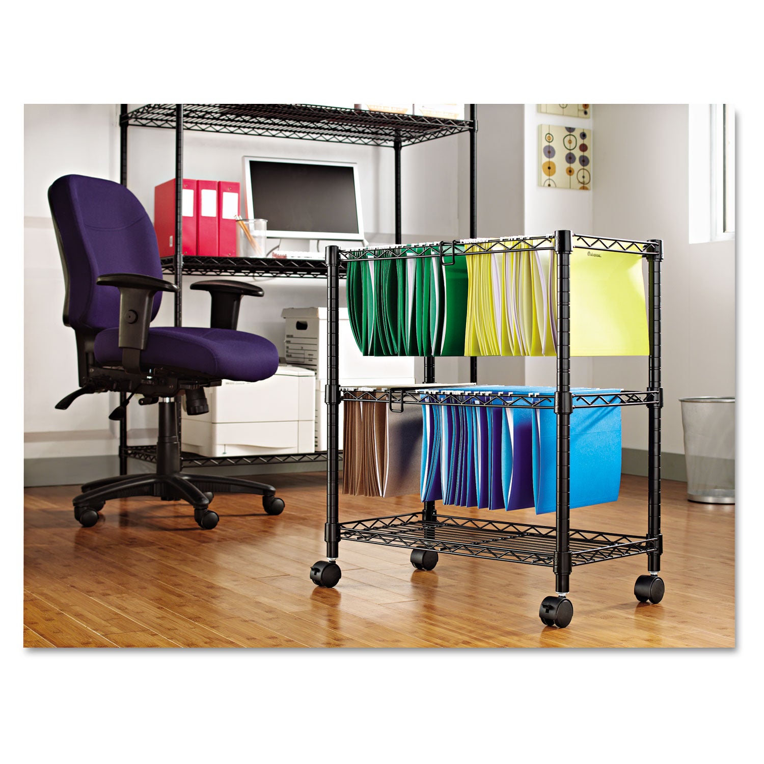 Two-Tier File Cart for Front-to-Back + Side-to-Side Filing, Metal, 1 Shelf, 3 Bins, 26" x 14" x 29.5", Black - 