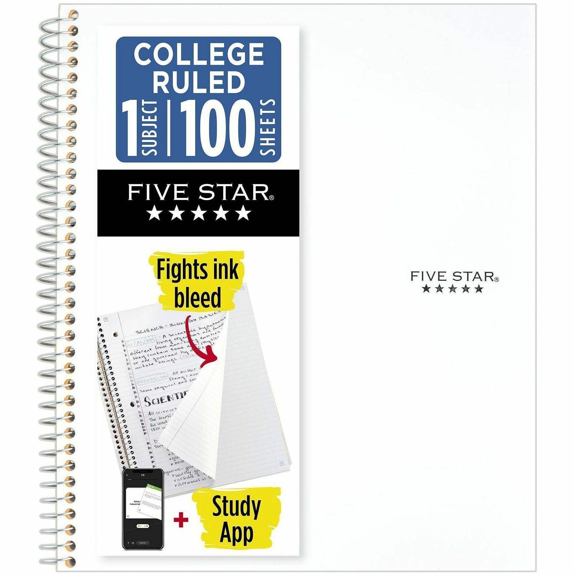 Mead Five Star Wirebound Notebook, 1 Subject, College Ruled, 11" x 8 1/2" , White - 1 Subject(s) - 100 Sheets - 100 Pages - Wire Bound - 11" x 8 1/2" - Bleed Resistant, Durable, Water Resistant, Wear Resistant, Tear Resistant, Spill Resistant, Pocket