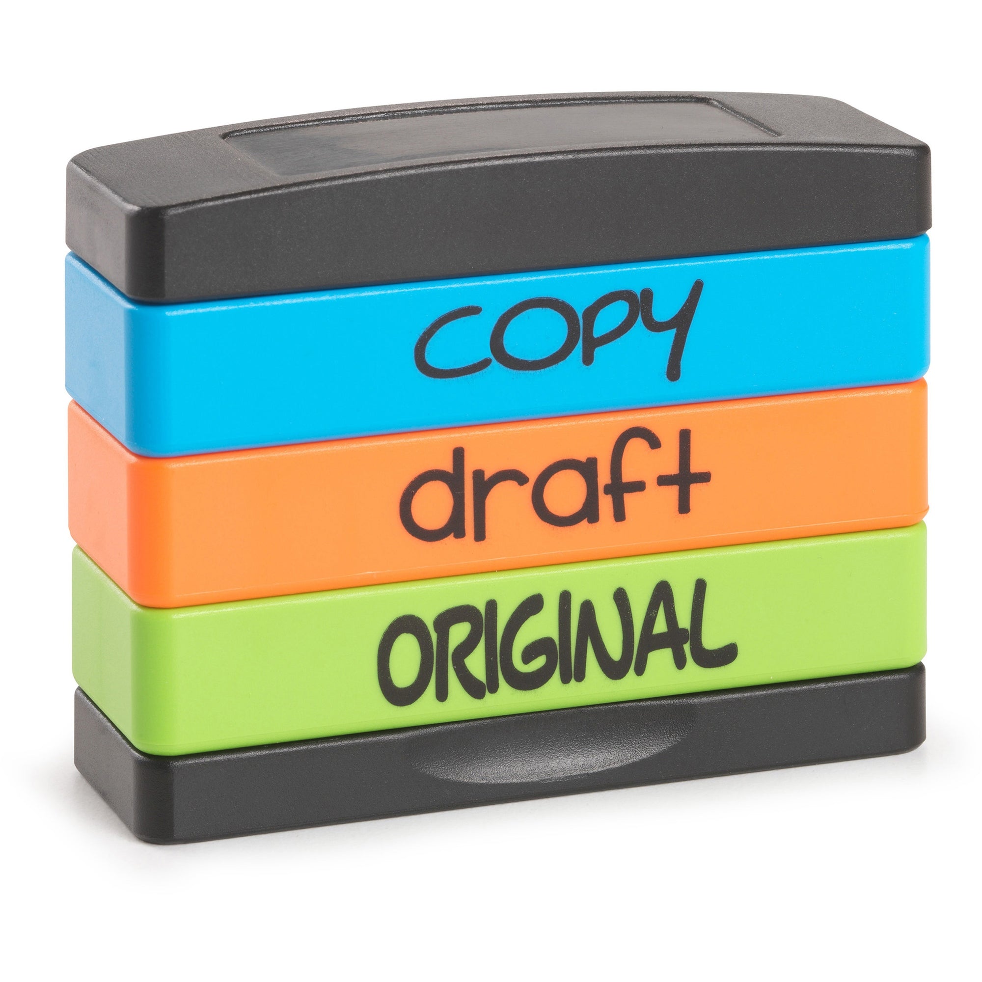 Interlocking Stack Stamp, COPY, DRAFT, ORIGINAL, 1.81" x 0.63", Assorted Fluorescent Ink